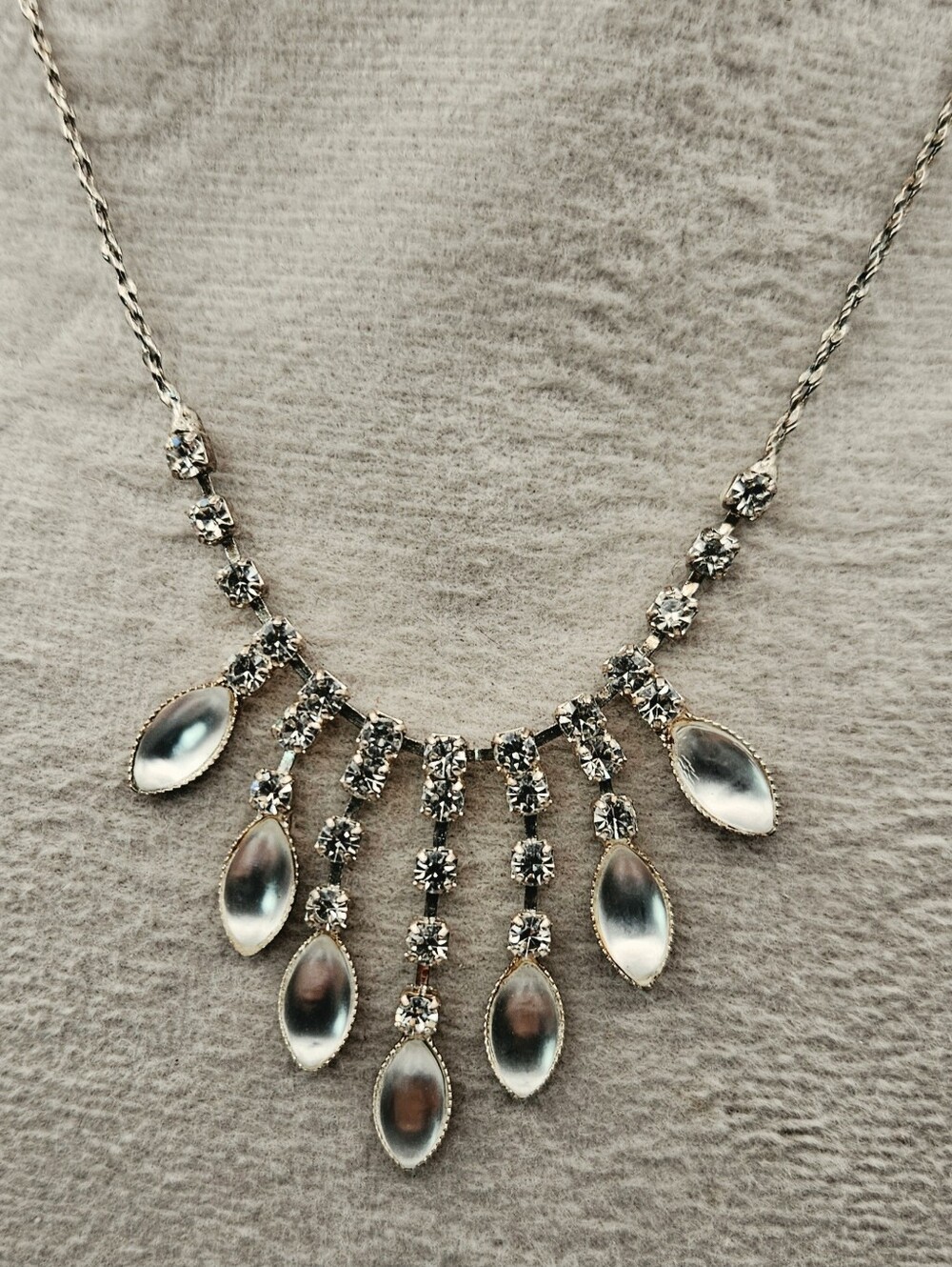 Vintage Silver Tone Rhinestone Fringe Necklace Marquise Navette Drop Costume